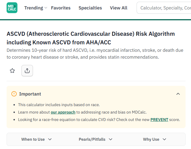 Pantalla de la calculadora de riesgo ASCVD a 10 años de MDCalc